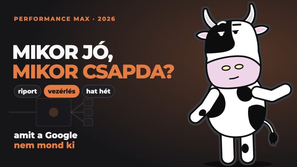 Pixel egy fekete doboz mellett, aminek egy bemenete és három kimenete van: mit látsz és mit nem a Performance Max kampányban.